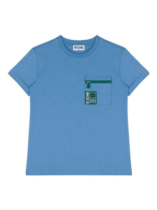 A blue cotton Moschino t-shirt with a crew neck, short sleeves, and a zip-fastening chest pocket.