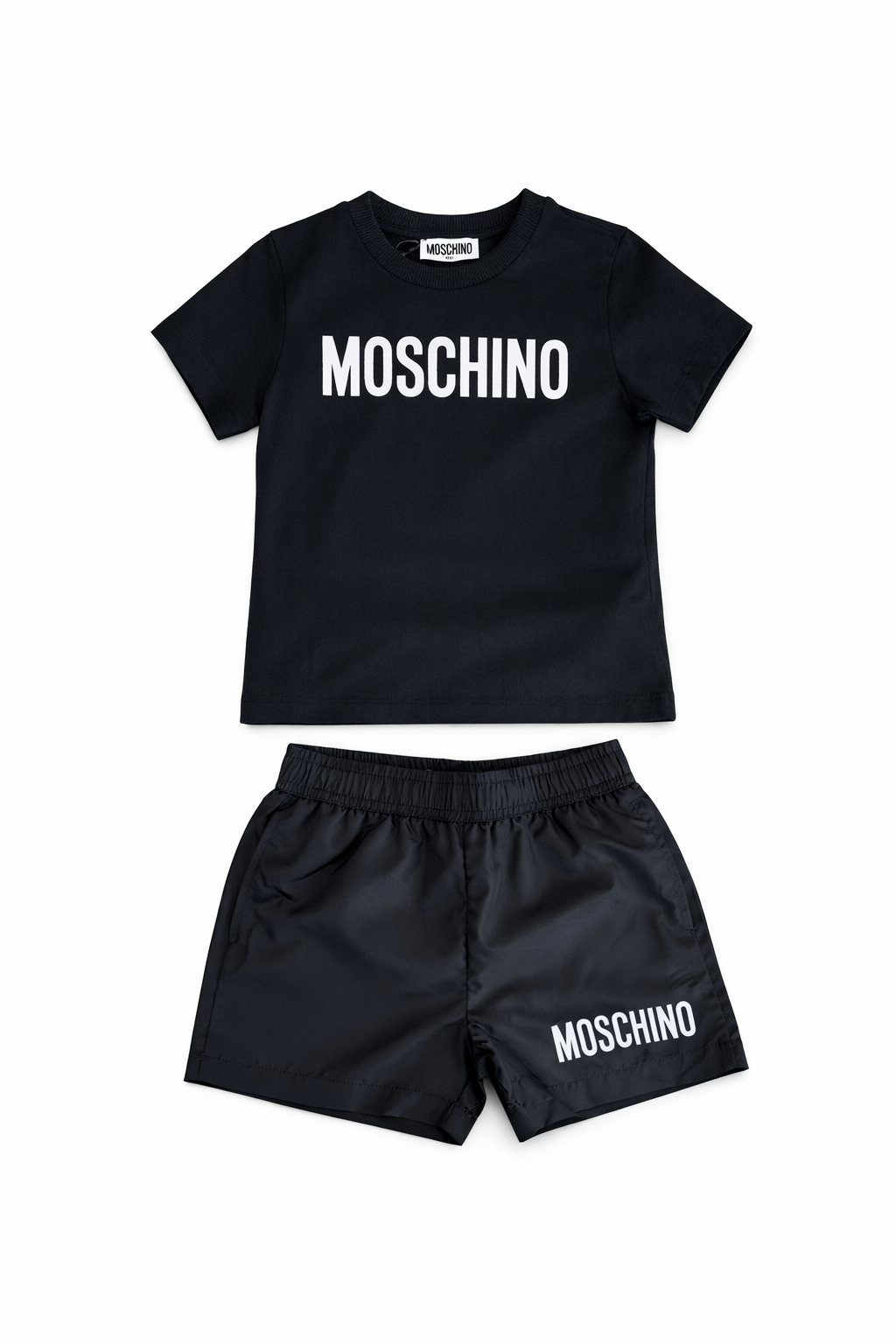 MOSCHINO BOYS BLACK SWIM SHORT/T SHIRT SET HUM05U/HUL01K
