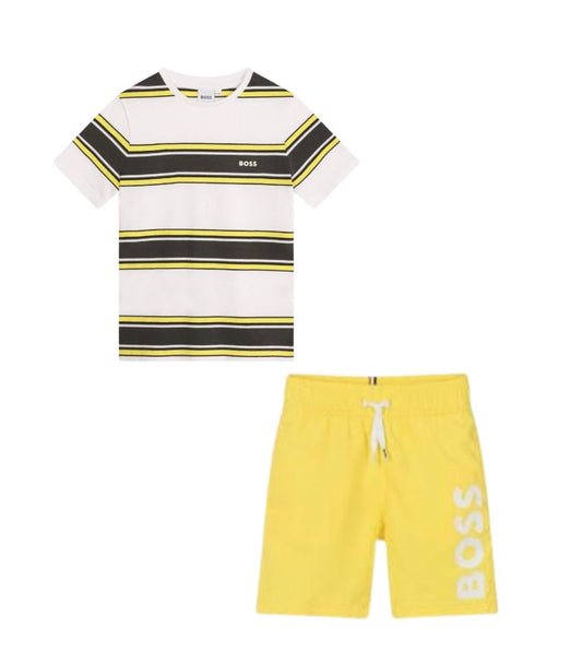 Boss BOYS T shirt & Shorts Set White & Yellow