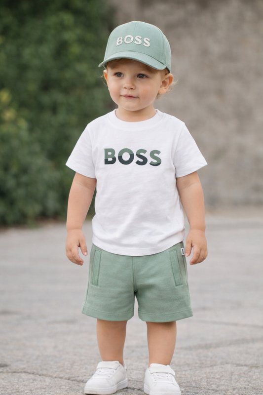 BOSS BABY/TODDLER GREEN BAY SHORTS SET J52851. *hat sold separately *
