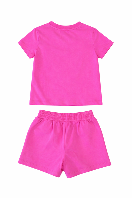 MOSCHINO GIRLS PINK T SHIRT/SHORTS SET HUM05O/HDQ025