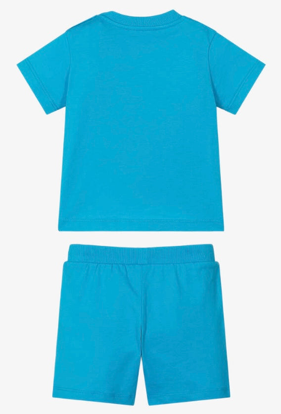 MOSCHINO KIDS T SHIRT & SHORTS SET BLUE MZG00M