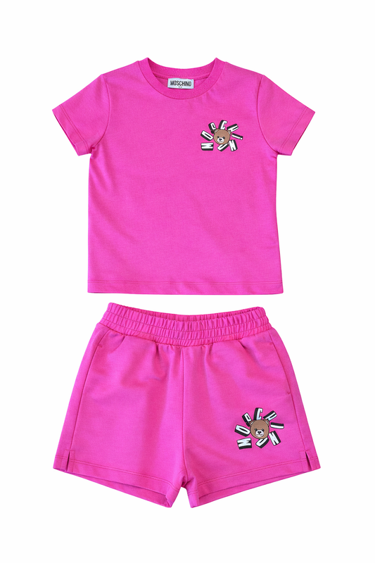 MOSCHINO GIRLS PINK T SHIRT/SHORTS SET HUM05O/HDQ025