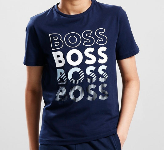 BOSS BOYS NAVY REPEAT LOGO T SHIRT J50775