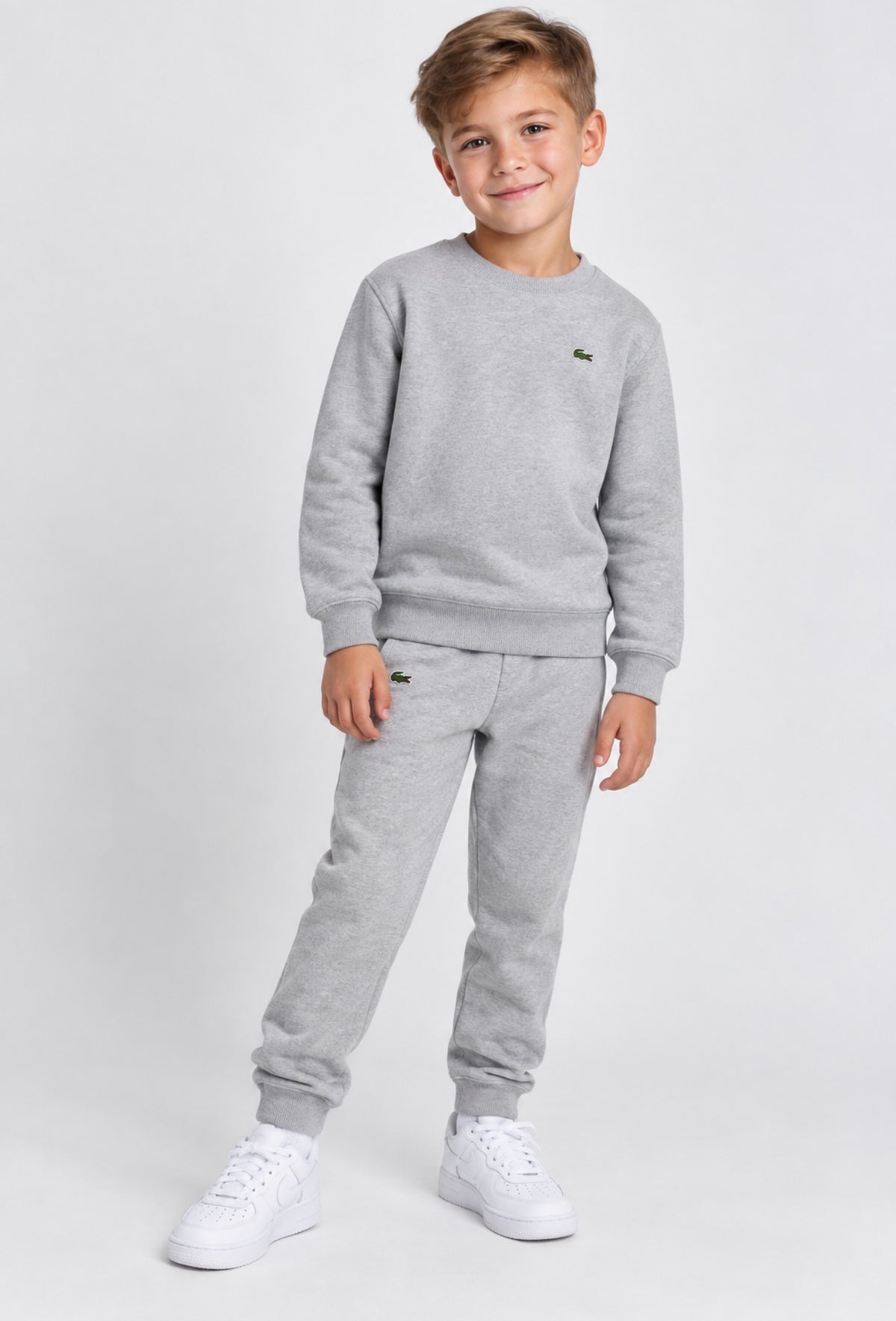 LACOSTE CORE FLEECE CREW TRACKSUIT IN ARGENT CHINE HEATHER 847029