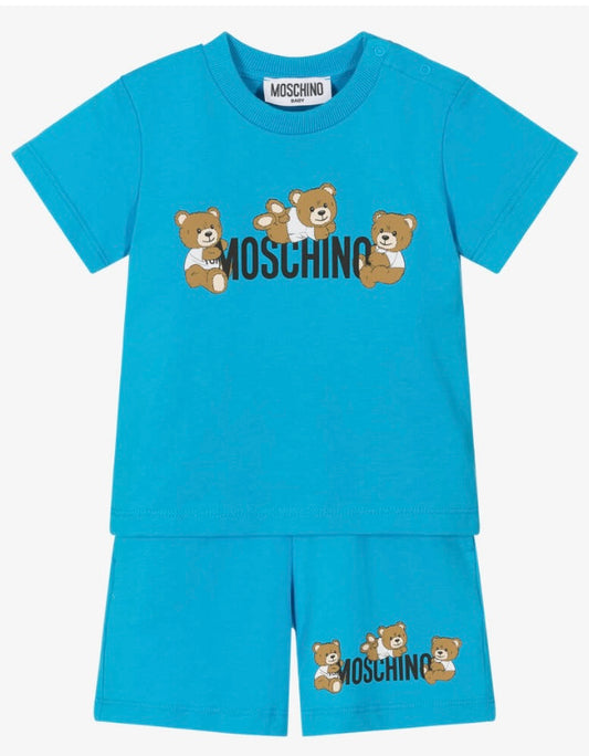 MOSCHINO KIDS T SHIRT & SHORTS SET BLUE MZG00M