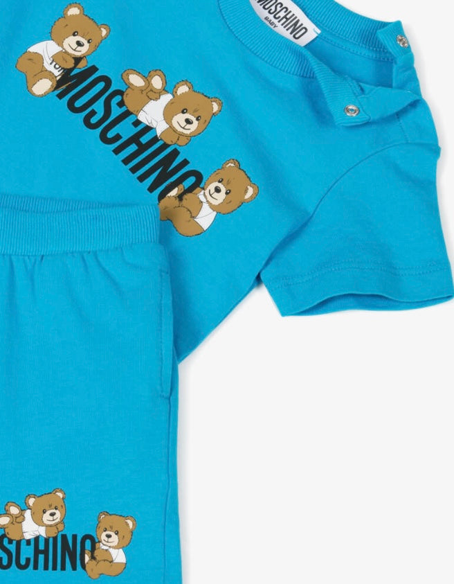 MOSCHINO KIDS T SHIRT & SHORTS SET BLUE MZG00M