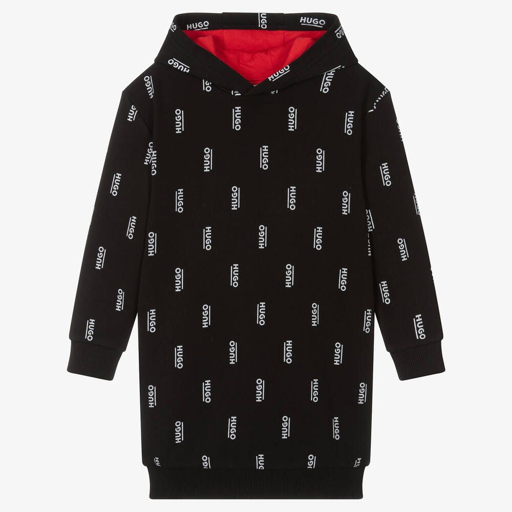 HUGO Girls Black Logo Hooded Dress