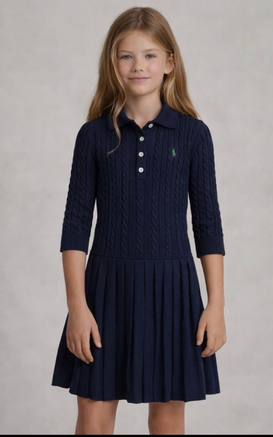 RALPH LAUREN GIRLS CABLE KNIT NAVY DRESS