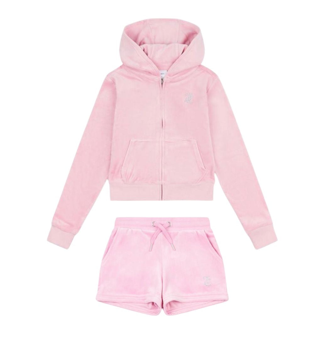 JUICY COUTURE GIRLS PINK VELOUR HOODIE SHORTS SET JBX6358