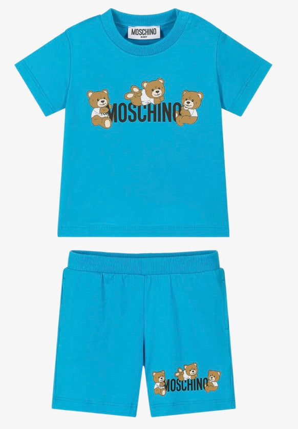 MOSCHINO KIDS T SHIRT & SHORTS SET BLUE MZG00M