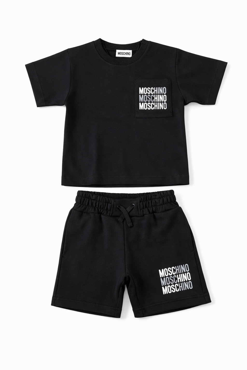 MOSCHINO BOYS  BLACK T SHIRT/SHORTS SET HMG00R