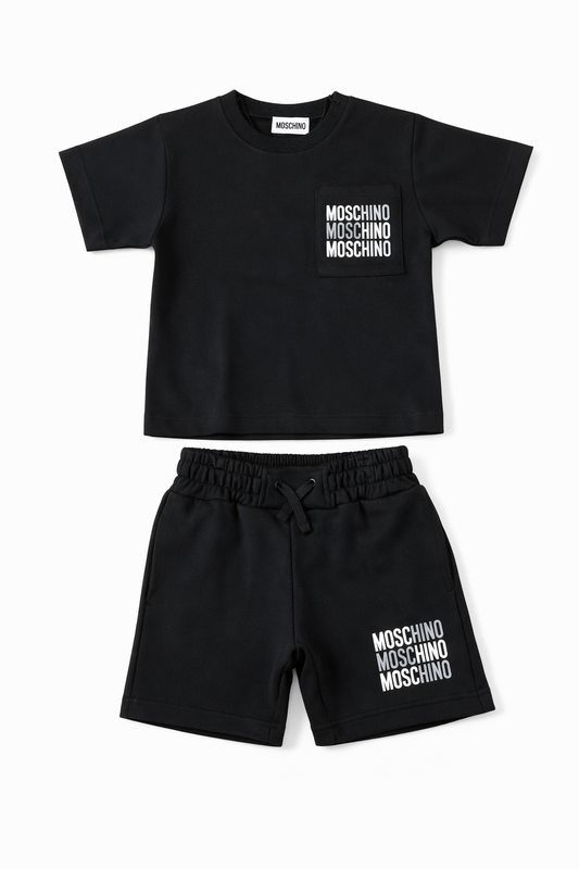MOSCHINO BOYS  BLACK T SHIRT/SHORTS SET HMG00R