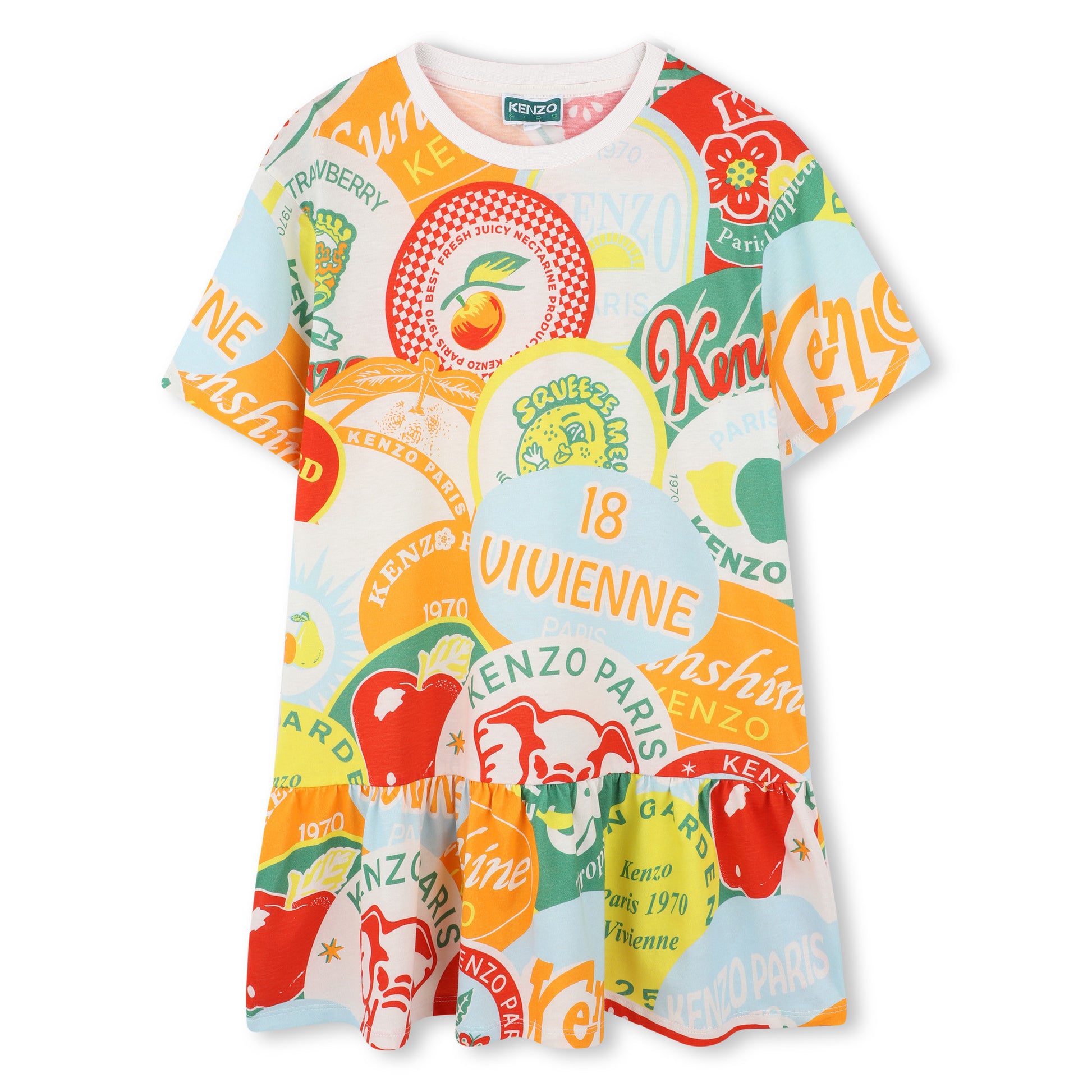 cotton dress for girls by KENZO KIDS, with a colourful fruit stickers and logo print, including the brand's iconic Elephant. It is made in soft jersey with a frilled hemline and is easy to wear, simply pulling on.